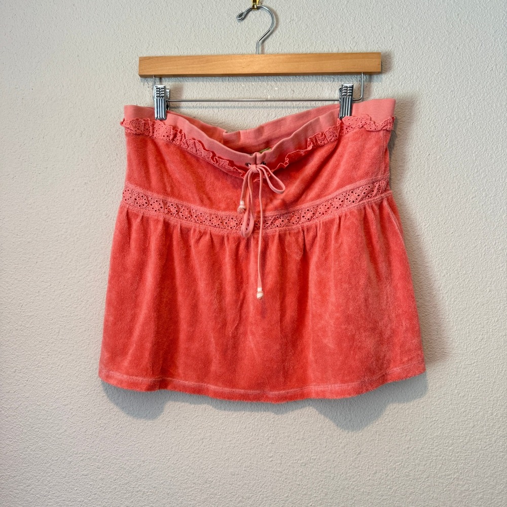 Juicy Couture Vintage Terry Cloth Mini Skirt Coral Pink Eyelet Lace Y2K Large